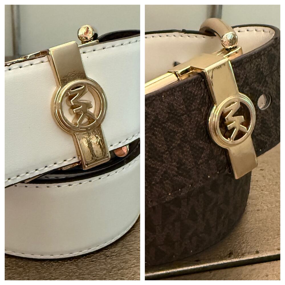 Michael Kors Reversible MK Logo Belt Brown Signature White Leather Gold XL